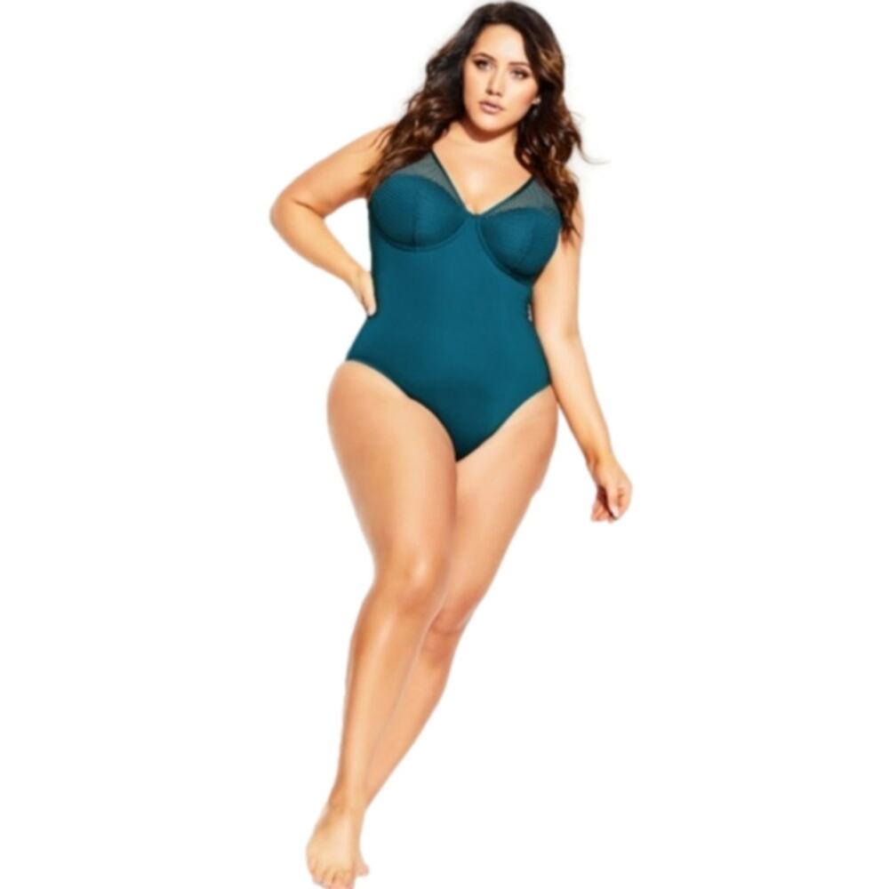 City Chic Ithica Underwire One Piece Swimsuit Teal Blue Mesh Plus Size M 18 NEW
